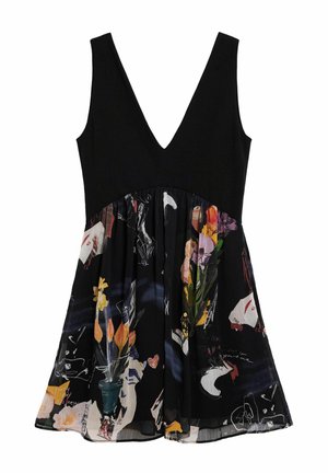 Must V-kaelusega kleit, millel on plisseeritud lillemustriga seelik erinevates värvides. Omaduseks on istuv ülakeha ja voogav kangas kunstiliste mustritega.