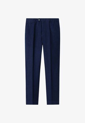Donkerblauwe rechte pantalon met riemlussen, zijzakken en een knoopsluiting aan de voorkant.