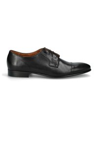 Chaussure oxford en cuir noir avec une finition lisse, un bout arrondi et un système de laçage. Un talon bas et des détails de couture discrets complètent le design.