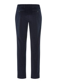 Pantaloni in corduroy blu marino con taglio dritto, dotati di due tasche posteriori con chiusura a bottone e una finitura in tessuto testurizzato.