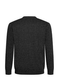 Maglione nero a maniche lunghe con collo a giro e polsini e orlo a coste, mostrato da dietro su uno sfondo bianco semplice.