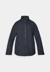 Veste imperméable de couleur bleu marine foncé avec un col haut et une fermeture éclair sur le devant. Elle possède des manches longues et un design minimaliste sans motifs visibles.