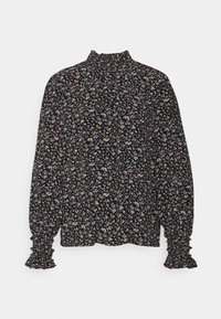 Blusa preta com estampado floral, de gola alta, mangas longas e bufantes, com punhos franzidos. Apresenta pequenos padrões florais multicoloridos sobre um fundo escuro.