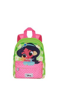 Mochila verde y rosa con un personaje de dibujos animados, con un bolsillo de lunares, fondo floral y correas ajustables.