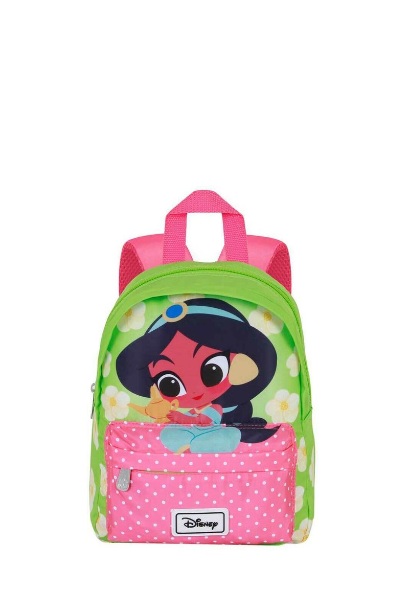 Mochila verde y rosa con un personaje de dibujos animados, con un bolsillo de lunares, fondo floral y correas ajustables.