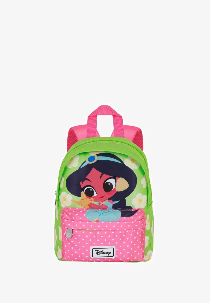 Groene en roze rugzak met een cartoonfiguur, een stippenzak, een bloemenachtergrond en verstelbare schouderbanden.