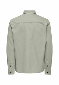 Lysegrå langermet skjorte med knapper og krage, synlige sømmer på skulderstykke og mansjetter, vist bakfra mot en hvit bakgrunn.