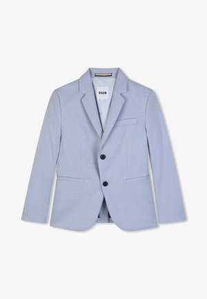 Light blue blazer made of textured fabric. Features a notched lapel, two front pockets, and two black buttons for closure.