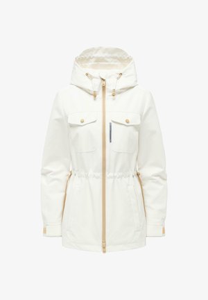 Witte gewatteerde jas met een ritssluiting aan de voorkant, twee borstzakken met kleppen en knopen, taillekoordjes en verstelbare manchetten.