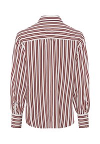 Red and white striped blouse with a button-down back, long sleeves, and a fitted waist, made from lightweight fabric.