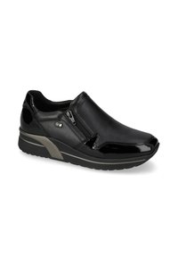 Sneaker nera slip-on con zip laterale, dettagli lucidi, suola ammortizzata e tacco basso per comfort e stile casual.