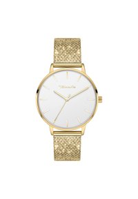 Goldfarbene Uhr mit weißem Zifferblatt, minimalistisches Design und schimmerndem goldenen Stoffarmband. Mit einem glatten Lünette und einfachen Stundenmarkierungen.