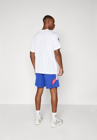 Witte t-shirt met ronde hals en korte mouwen, gecombineerd met blauwe sportshorts met rode en witte diagonale accenten, en grijze sneakers.