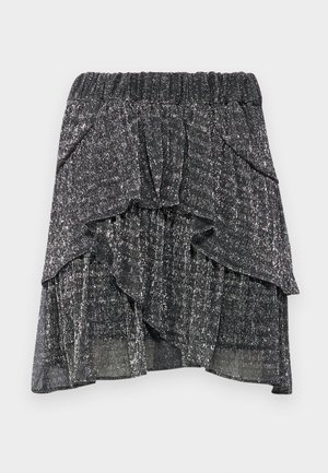 Svart, lagdelt skjørt med stretchliv. Laget av et reflekterende, teksturert stoff med en subtil glans og volanger.