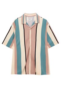 Camicia a maniche corte a righe multicolori: turchese, rosa, crema e nero, con colletto rilassato e chiusura frontale con bottoni. Tessuto morbido.