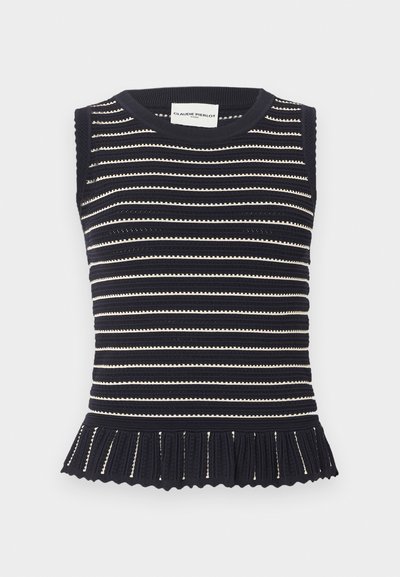 Μαύρο αμάνικο πλεκτό τοπ με λευκές οριζόντιες ρίγες και πιετέ βολάν στο τελείωμα, στρογγυλή λαιμόκοψη και ετικέτα Claudie Pierlot στο εσωτερικό της λαιμόκοψης.