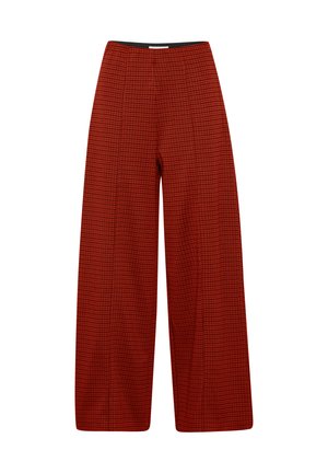 Red checkered wide-leg trousers made of textured fabric, featuring a fitted waist and loose silhouette for comfort and ease of movement.