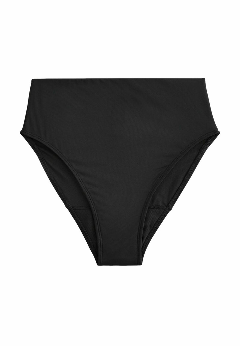 Černé bikiny s vysokým pasem vyrobené z hladkého materiálu, s minimalistickým designem bez vzorů nebo ozdob.