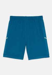 Shorts de sport turquoise avec une texture lisse, une taille élastique et des inserts en maille sur les côtés, au design slim.