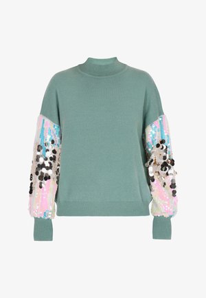 Žalias megztinis su ilgomis rankovėmis, dekoruotas daugiakompaniniais blizgučiais ir aukštu apykakle. Riebi apykaklė ir hem. Bendras tekstūros švelnumas.