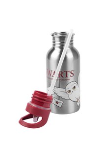 Bottiglia d'acqua in acciaio inossidabile con coperchio rosso in plastica e cannuccia, presenta un gufo cartone e il testo "HOGWARTS" in rosso sulla superficie argentata.