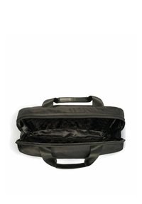 Czarna nylonowa torba z podwójnymi tkanymi uchwytami, zamkiem błyskawicznym i pikowanym wnętrzem. Prostokątny kształt o gładkiej teksturze.