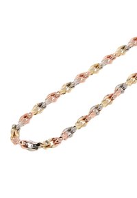 Trojbarevný kovový řetízek s náhrdelníkem, který se vyznačuje propleteným designem v odstínech růžového zlata, žlutého zlata a stříbra, hladkým povrchem a lesklým finišem.