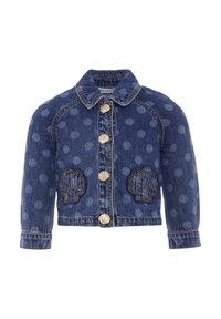 Giacca di denim con motivo a pois blu. Presenta bottoni a forma di conchiglia dorati e ricami decorativi a forma di conchiglia sulle tasche. Design accorciato con maniche lunghe.