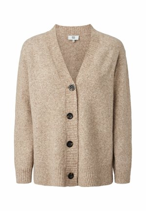 Beige gebreide cardigan met V-hals, voorzien van vijf zwarte knopen aan de voorkant, geribde manchetten en een textuurafwerking.