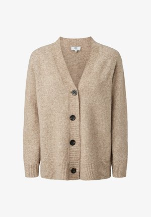 Beige gebreide cardigan met V-hals, voorzien van vijf zwarte knopen aan de voorkant, geribde manchetten en een textuurafwerking.