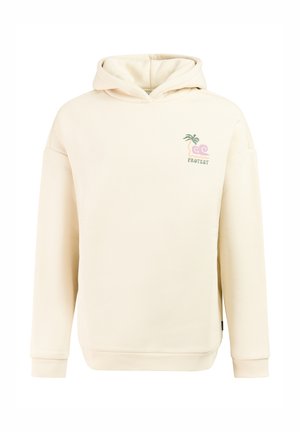 Beige hoodie met een kleine palmboom en golfafbeelding boven het woord "PROTEST" op de linkerborst, voorzien van geribbelde boorden en zoom.