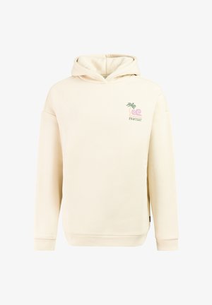 Beige hoodie met een kleine palmboom en golfafbeelding boven het woord "PROTEST" op de linkerborst, voorzien van geribbelde boorden en zoom.