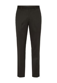 Dopasowane ciemnoszare spodnie o gładkiej teksturze, z płaskim przodem i standardowym pasem. Posiadają szlufki na pasek oraz subtelne detale w szyciu.