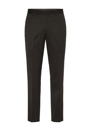 Kohandatud tumedad hallid püksid sujuva tekstuuriga, lame esiosa ja tavaline vöökoht. Omavad vööaasasid ja peeneid õmbluse detaile.