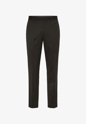 Kohandatud tumedad hallid püksid sujuva tekstuuriga, lame esiosa ja tavaline vöökoht. Omavad vööaasasid ja peeneid õmbluse detaile.