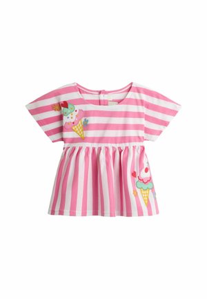 Różowo-biały, krótkim rękawem, w paski top dla malucha z marszczonym pasem oraz naszywkami przedstawiającymi lody na piersi i dolnej stronie.