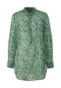 Camicia a maniche lunghe con motivo verde e nero, realizzata in tessuto trasparente, con colletto e chiusura frontale a bottoni, dal taglio morbido.