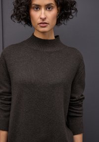 Dunkler Strickpullover mit hohem geripptem Kragen, langen Ärmeln und einer glatten Textur. Schlichtes Design, ohne sichtbare Muster oder Akzente.