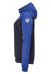 Blau- und marineblaues Kapuzenjackett mit Reißverschluss, Seitentaschen und gerippten Bündchen. Mit einem runden Logo auf dem linken Ärmel.