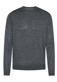 Grauer Strickpullover mit rundem Halsauschnitt, langen Ärmeln und gerippten Bündchen sowie Saum. Weiche Textur und schlichtes Design ohne sichtbare Muster.