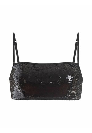 Zwart pailletten crop top met dunne bandjes en een rechthoekige vorm. Het oppervlak heeft een glanzend, gestructureerd paillettenpatroon.