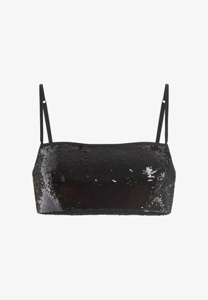 Svart, paljetterad kort topp med tunna band och rektangulär form. Ytan har ett glänsande, texturerat paljettmönster.