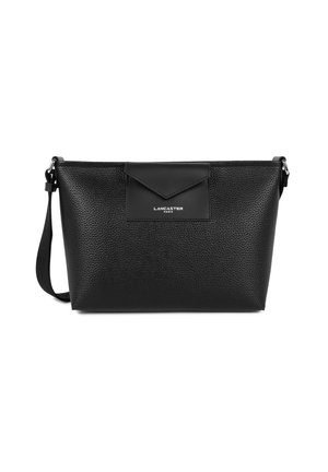 Black leather handbag with a textured finish, featuring a triangular flap, embossed logo, and adjustable strap. Compact rectangular shape.