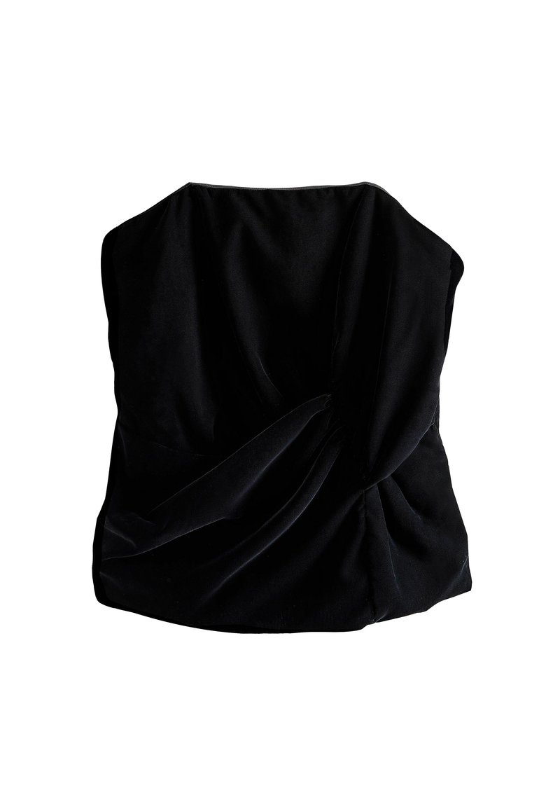 Must aga, ilma varrukat, pehmest kangast, esiosal keeratud disainiga, millel on voolavad detailid ja keha lähedane siluett.