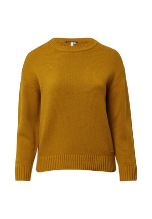Maglione lavorato a maglia giallo senape con scollo rotondo, polsini e orlo a costine, e una vestibilità leggermente oversize. Tessuto testurizzato con dettagli sottili.