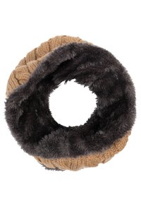 Écharpe en tricot infinity couleur beige, dotée d'une doublure en fausse fourrure douce de couleur gris foncé. Design circulaire avec un motif tricoté texturé à l'extérieur.
