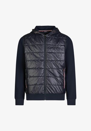 Marineblaue Kapuzenjacke mit gepolstertem Nylonvorderteil und weichen Fleecepullovernärmeln. Verfügt über seitliche Reißverschlusstaschen und einen gerippten Bund.