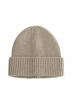 Beige knitted beanie with a folded ribbed cuff, featuring a textured finish and a rounded top. Ideal for colder weather.