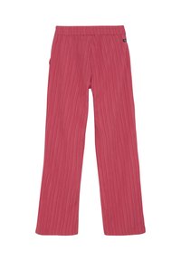 Jasnoróżowe spodnie typu wide-leg z teksturowanym wzorem w pionowe paski oraz elastycznym pasem. Posiadają boczne kieszenie dla wygody.
