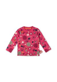 Langärmliges rosa Hemd mit verschiedenen bunten Mustern, darunter Tiere und Formen. Hergestellt aus weichem Stoff mit rundem Ausschnitt und seitlichem Etikett.